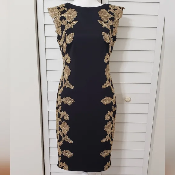 Tadashi Shoji Kami Dress Black & Gold  Knee length Sleeveless Size 6 Petite - Picture 5 of 16